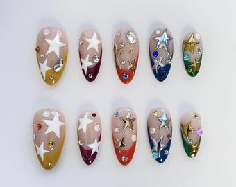 Silberne 3D Chrom Nägel/3D Stern Nägel/Gothic Press On Nägel Kurze Mandel Nägel/Punk Nägel/Regenbogen French Nails/Birthday Holiday Nägel