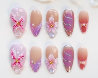 Purple Flower Press on nails long almond nails/Purple Nails/Holiday Nails/Elegant Nails/Blue French Nails/3d floral nails/birthday nails