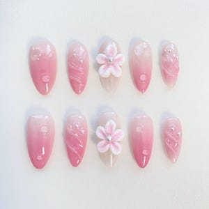 Summer 3D Flower Pink Press On Nails Short Almond Nails Long/Fairy nail/Pink Nails/3D Floral nails/Spring Nails/Holiday nails/Birthday nails