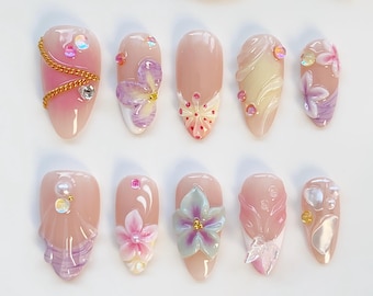 Dreamy Pink Flower Bloom Press on nails long almond nails/French Nails/Purple Floral Nails/Holiday Nails/Summer Nails/3D Gel Fairycorn Nails