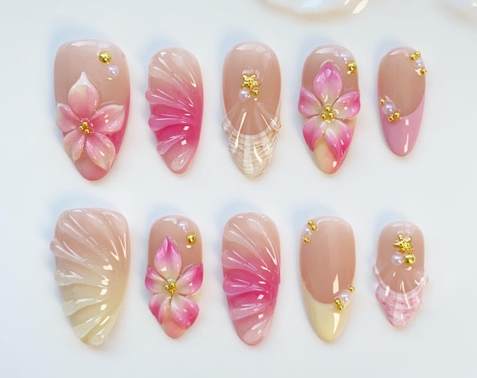 Blooming Pink Flower Bloom Press on nails long almond nails/3D Floral Nails/Yellow Nails/Holiday Nails/Summer Nails/3D Gel Birthday Nails