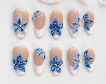 Blue Flower Bloom Press on nails long almond nails/White French Nails/Blue Floral Nails/Holiday Nails/Summer Nails/3D Gel Birthday Nails