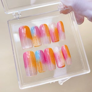 Custom Bling Cat eye nails/Colorful Cat eye press on nails long square nails/Aura nails/Yellow nails/y2k nails/gyaru nails/Birthday nails