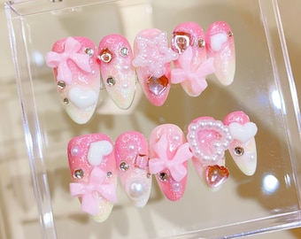 Y2K Pink Press on nails almond nails/cute nails/kawaii nails/Pearl star nails/Heart nails/bow nails/y2k nails/gyaru nails/birthday nails