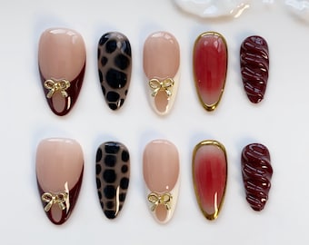 Leopard Press on nails long almond nails/Leopard nails/Bow Nails/French Nails/Aura Nails/Airblush Nails/Holiday Nails/Birthday nails