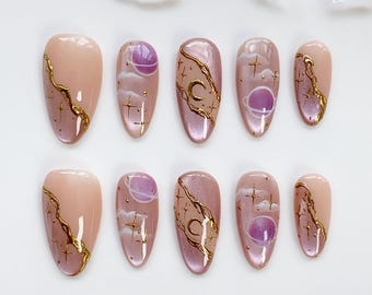 Unhas postiças 3D com estampa de plantas/Unhas olho de gato roxas/Unhas postiças roxas longas amendoadas/Unhas fofas/Unhas kawaii/Unhas cromadas douradas/Unhas com lua e estrela