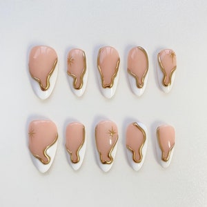 Gold 3D Chrome Nails/White French Press on nails short almond nails/Gold Nails/French Gold Nails/Sun star nails/Classic nails/birthday nails