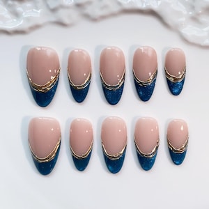 Blue Cat eye nails/Glitter Blue French Press on nails long almond nails/3D Gold Chrome Nails/Bling Nails/Glitter Nails/Elegant Nails