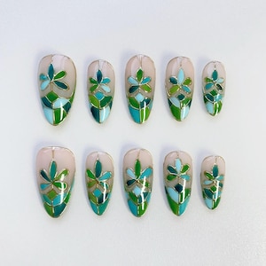 Green 3D Floral Press On Nails Long Almond Nails/Green Nails/Boho Flower Nails/French Nails/Holiday Birthday Nails/Green Nails