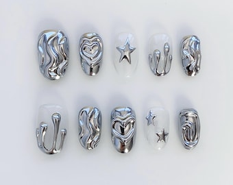 Star Nails/Silver 3D Chrome Nails/Silver Press On Nails Short Almond Nails Round nails/Y2k Nails/Metallic Silver Nails/Gothic Birthday Nails