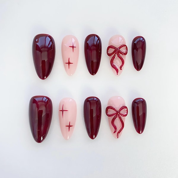 Burgundy Press On Nails Long Almond Nails/Ancora Nails/Red Nails/Star Nails/Fake Nails/Holiday Birthday Nails/Concert Nails/Elegant Nails
