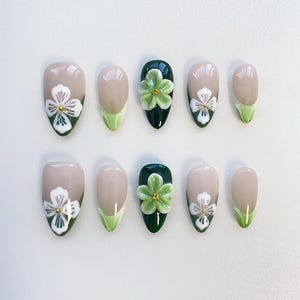 Green flower press on nails short almond nails/Spring nails/3d floral nails/green french nails/summer nails/birthday nails/holiday nails
