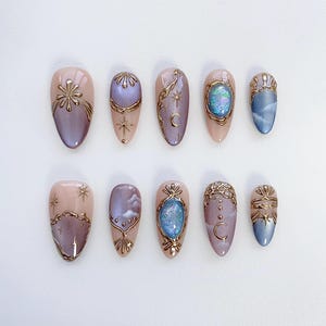 Unhas Aura Cat eye/Bling Purple Press on nails unhas longas amendoadas/Unhas Sun star/Unhas Moon/Unhas Birthday/Unhas 3D Gold Chrome/Unhas roxas