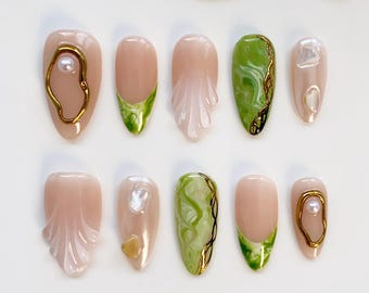 3D Shell Green Press on nails long almond nails/Green French Nails/3D Gold Chrome Nails/Holiday Nails/Summer Nails/3D Gel Birthday Nails
