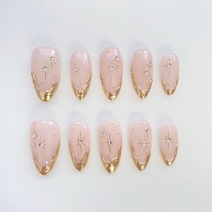 Gold 3D Chrome Nails/Gold French Press On Nails/Sun star nails/Pink Nails/Daily nails/Minimalist nails/Gold Wedding Nails/Birthday Nails