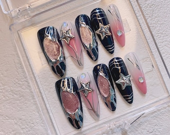 Y2k black and pink press on nails long almond nails/3D chrome nails/y2k nails/gyaru nails/gothic nails/free style nails/Black nails