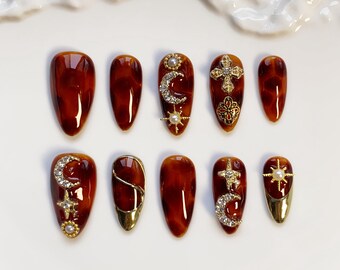 Tortoise shell nails/Tortoise Press on nails long almond nails/Leopard Nails/Gold star and moon nail/gothic nails/Brown nails/Custom nails