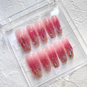 Luxury Pink Press On Nails Long nails/Claret nails/Glitter nails/Bling glam nails/Aura nails/Elegant Nails/gyaru nails/wedding Nails