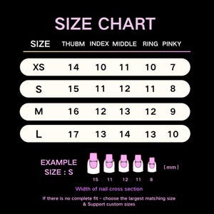 May include: A black background with a white and pink size chart for nail sizes. The chart includes sizes XS, S, M, and L, with corresponding measurements for thumb, index, middle, ring, and pinky fingers. An example size S is shown.
