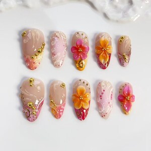 3D Orange blooming flower nails/press on nails long almond nails/Summer Nails/Pink flower nails/3D Gel Nails/Golden nails/Vacation Nails image 8