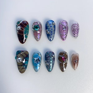 Silber 3D Chrom Nägel/Gothic Presse auf Nägel Kurze Mandel Nägel/Lila Nägel/Blaue Nägel/Braune Nägel/Sun Star Nägel/Geburtstag Nägel