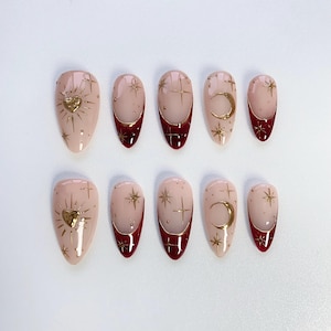 Gold Sun Star Nails/3D Gold Chrome Nails/Burgundy Red French Press On Nails Long Almond Nails/Angora Red Nails/Moon Nails/Elegant Nails