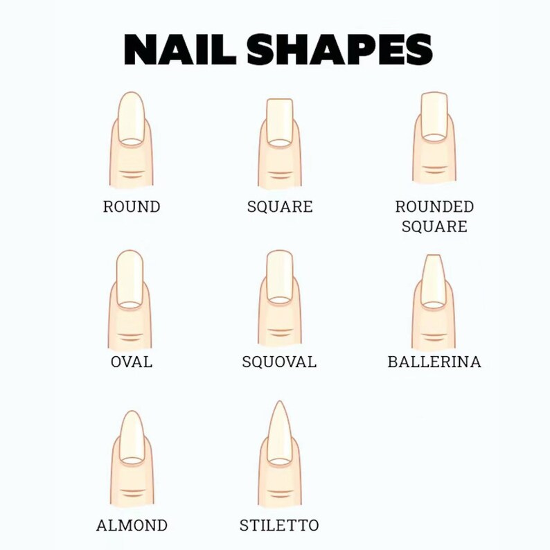 May include: Diagram showing nine different nail shapes: round, square, rounded square, oval, squoval, ballerina, almond, stiletto.