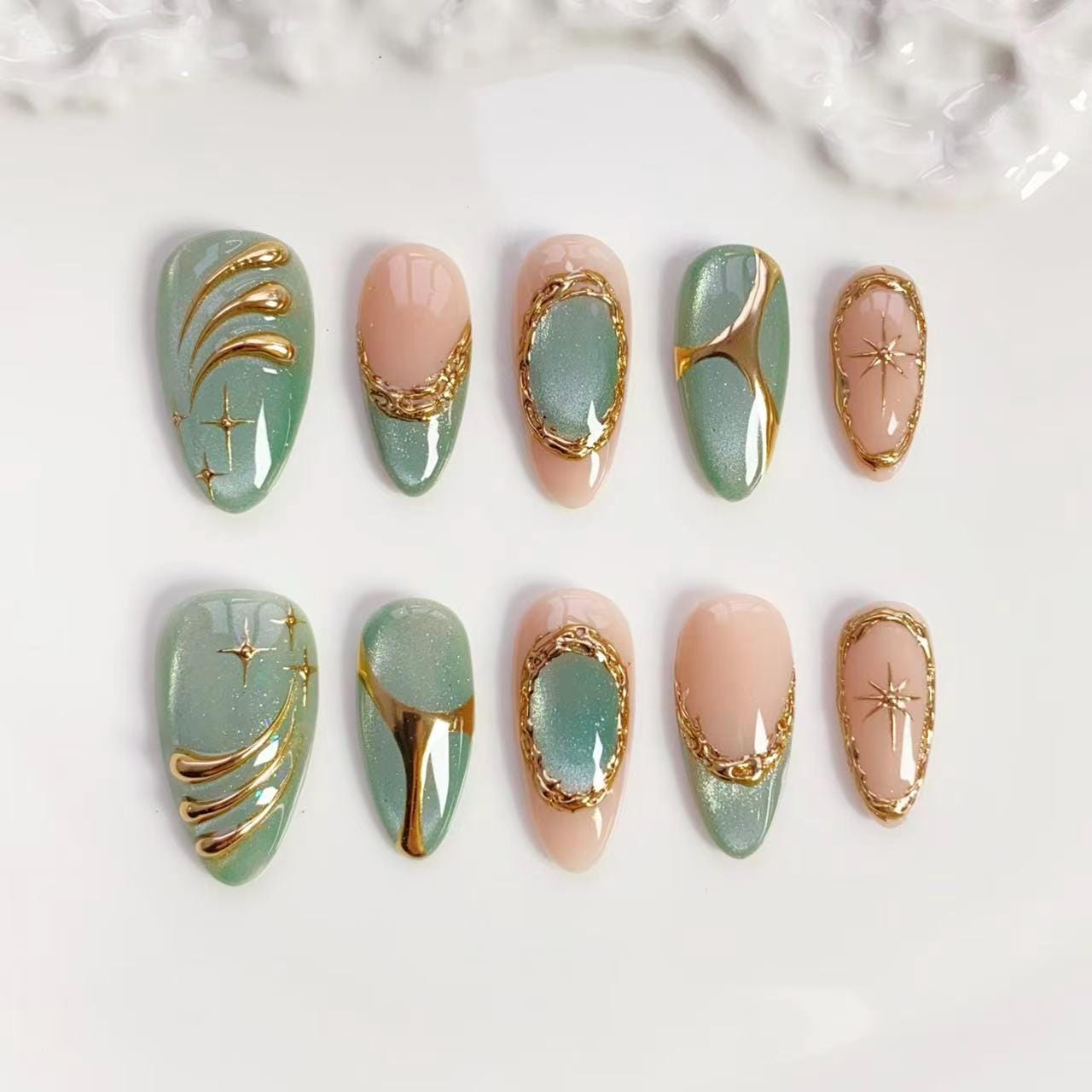Discover Glitter Green Cat Eye Nails/press on nails long almond nails/Elegant nails/3D gold chrome nails/Star Nails/Daily nails/Birthday nails