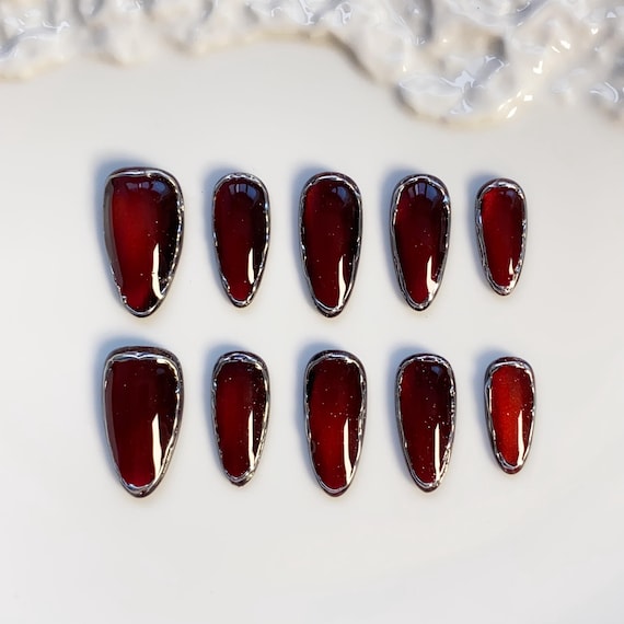 Dark Red Cat Eye Nails/3D Silver Chrome Nails/Gothic Press on nails long almond nails/Glitter Nails/Red Nails/Birthday Nails/Black red nails