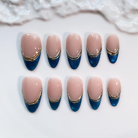 Blue Cat eye nails/Glitter Blue French Press on nails long almond nails/3D Gold Chrome Nails/Bling Nails/Glitter Nails/Elegant Nails