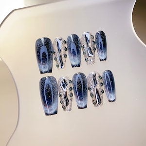 Katzenauge Schwarz Drücken Sie auf die Nägel lange Sarg Nägel/Glitzer Nägel/Katzenauge Nägel/Schwarze Nägel/Strass Bling Nägel/Gyaru Nägel/Gothic Nägel