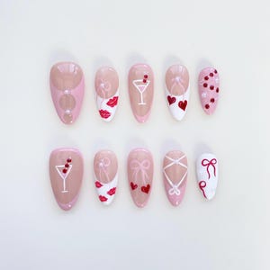 Spring Pink Press On Nails Short Almond Nails/Summer Nails/Pink Nails/Cocktail Nails/Cherry Heart Nails/Sring Break Nails/Holiday Nails