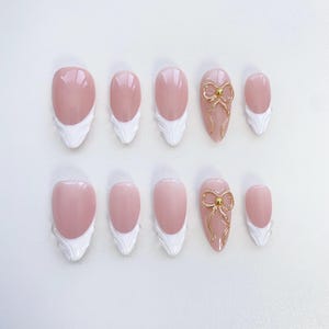 Gold 3D Chrome nails/White French Press on nails long almond nails/Bow nails/Pink Nails/Daily Nails/Holiday Wedding Nails/French Tip Nails