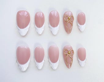 Gold 3D Chrome nails/White French Press on nails long almond nails/Bow nails/Pink Nails/Daily Nails/Holiday Wedding Nails/French Tip Nails