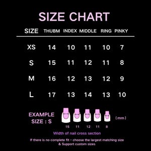 May include: A size chart for nail sizes, with measurements for thumb, index, middle, ring, and pinky fingers. Sizes range from XS to L, with example nail illustrations. The chart includes the text "SIZE CHART".
