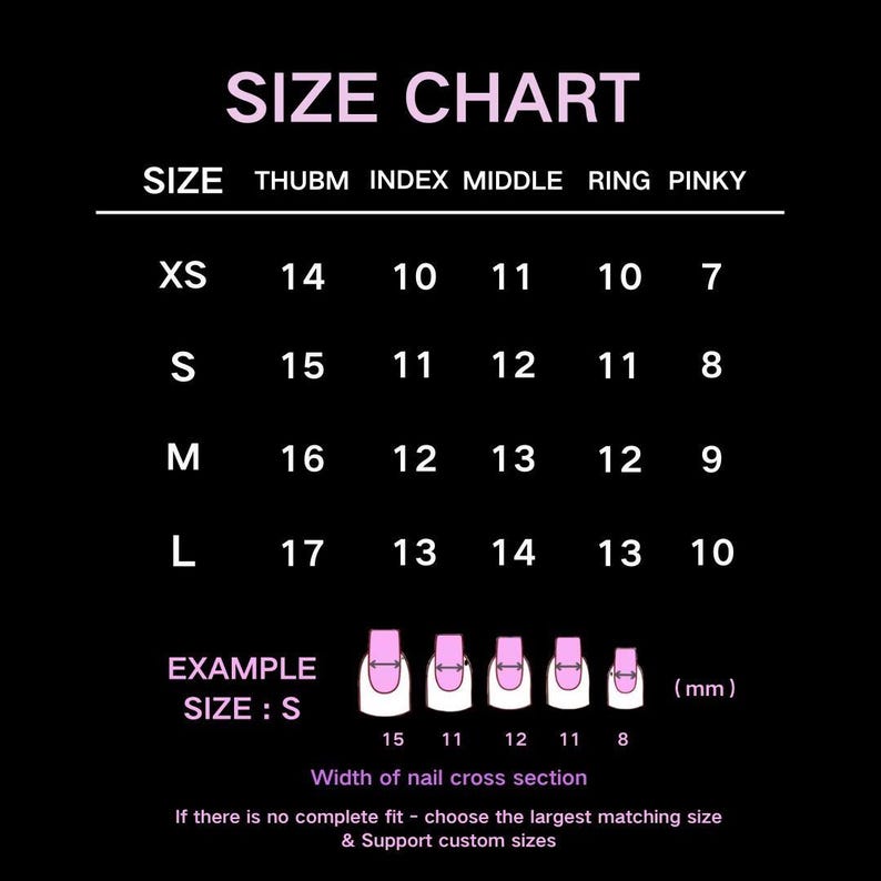 May include: A size chart for nail sizes, with measurements for thumb, index, middle, ring, and pinky fingers. Sizes range from XS to L, with example nail illustrations. The chart includes the text "SIZE CHART".
