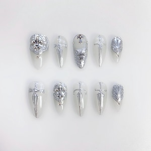 Silver 3D Chrome Nails/Gothic Press On Nails Short Almond nails/White Nails/Cross Nails/Punk Nails/sword nails/French nails/Birthday nails