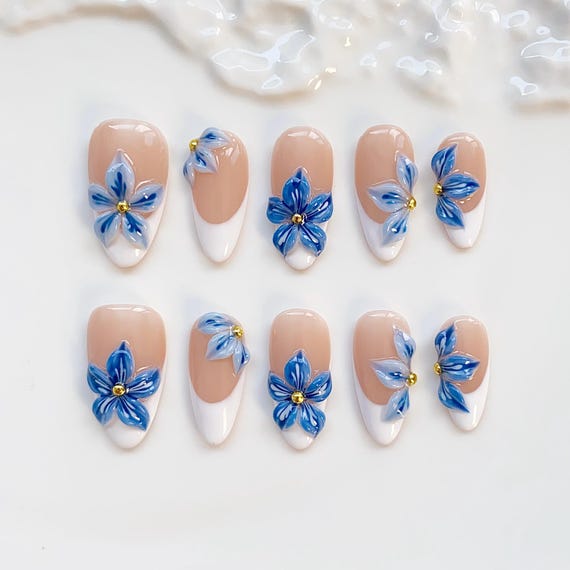 Blue Flower Bloom Press on nails long almond nails/White French Nails/Blue Floral Nails/Holiday Nails/Summer Nails/3D Gel Birthday Nails