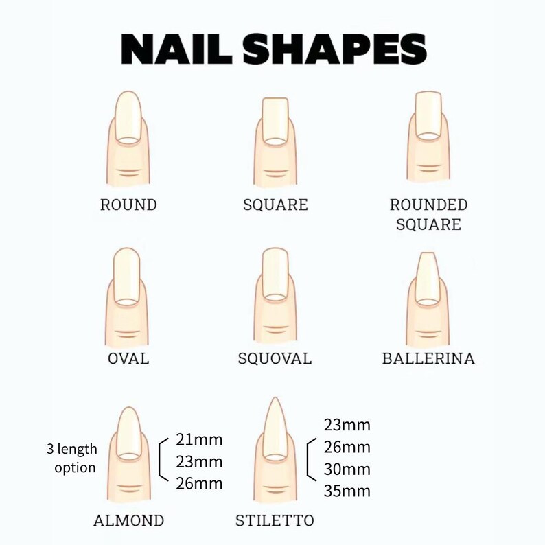 May include: Diagram illustrating various nail shapes, including round, square, and almond. The image also shows measurements for almond and stiletto nails, with options for different lengths in millimeters.