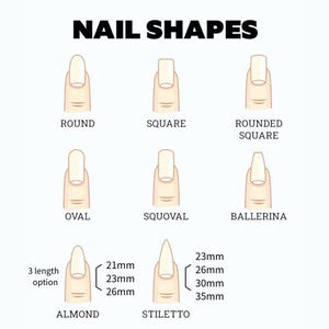 May include: Diagram illustrating various nail shapes, including round, square, rounded square, oval, squoval, ballerina, almond, and stiletto. The almond and stiletto shapes show length options in millimeters. The text "NAIL SHAPES" is at the top.