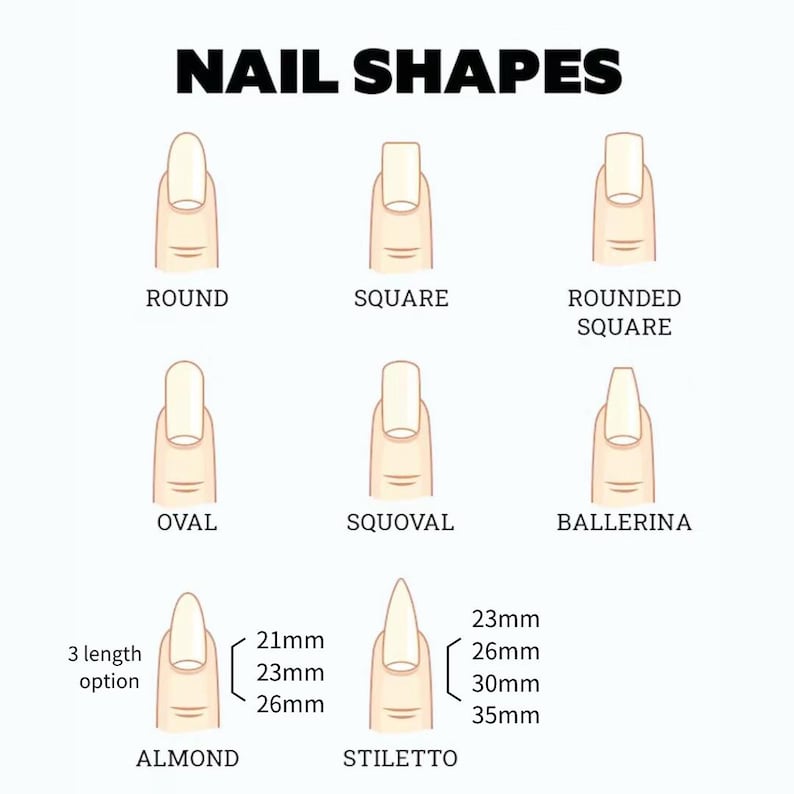 May include: Diagram illustrating various nail shapes, including round, square, rounded square, oval, squoval, ballerina, almond, and stiletto. The almond and stiletto shapes show length options in millimeters. The text "NAIL SHAPES" is at the top.