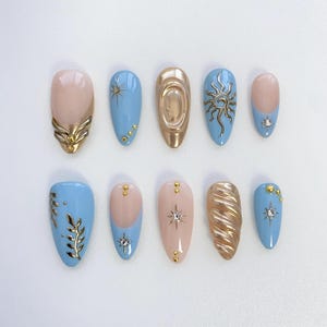 Gold 3D Chrome Nails/Baby blue nails/Sun star nails/blue press on nails long almond nails/Gold Wedding Nails/Birthday Nails/Holiday nails