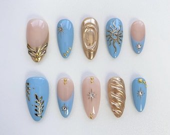 Gold 3D Chrome Nails/Baby blue nails/Sun star nails/blue press on nails long almond nails/Gold Wedding Nails/Birthday Nails/Holiday nails