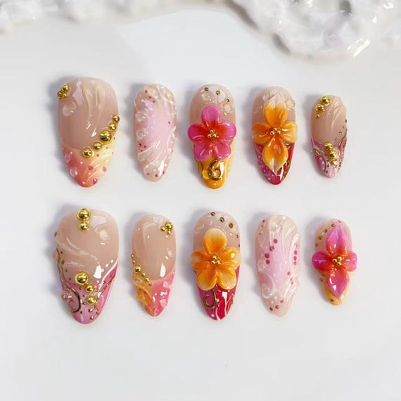3D Orange blooming flower nails/press on nails long almond nails/Summer Nails/Pink flower nails/3D Gel Nails/Golden nails/Vacation Nails