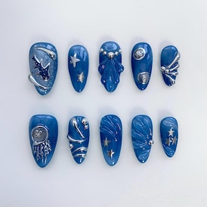 Sea World Shark Blue Press on nails long almond nails/Blue nails/jellyfish nails/Shark nails/Shell nails/3D Silver Chrome nails/Holiday nail