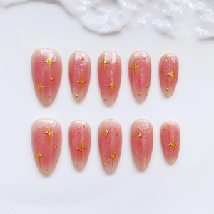 Glitter Pink Press on nails long almond nails/Pink Nails/airblush Nails/Star Nails/Bling Nails/Fairycorn nails/Holiday Birthday nails