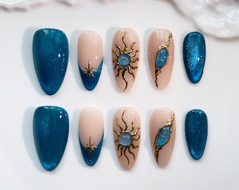 Blue Star Press on nails long almond nails/Blue Nails/Glitter Nails/Bling Nails/Star Nails/Sun Nails/Birthday Nails/French Nails/Aura Nails