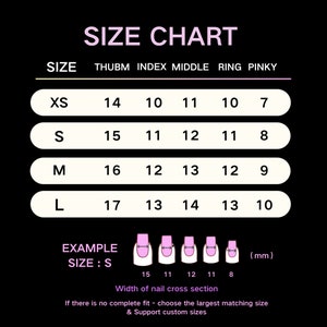 May include: Size chart for nail tips, showing measurements in millimeters for thumb, index, middle, ring, and pinky fingers. The chart includes sizes XS, S, M, and L. An example shows a size S nail tip with measurements for each finger.
