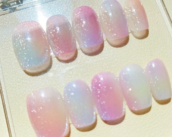 Bling Cat eye Press on nails short nails/Purple and pink nails/Glitter nails/Aura nails/Summer nails/Elegant Nails/birthday nail/Jelly Nail