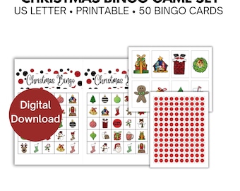 May include: A printable Christmas bingo game set with 50 cards. The cards feature a variety of Christmas-themed images, including a gingerbread man, a stocking, a snowman, and a Christmas tree. The game also includes a sheet of red bingo chips.